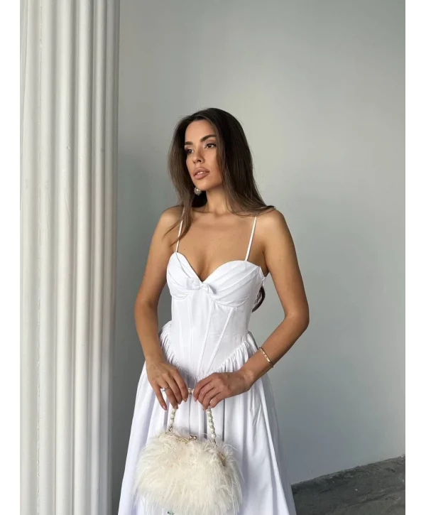 Kadın Poplin Kumaş Kurdeleli Askılı Midi Elbise