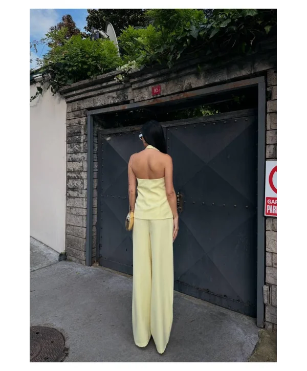 Kadın Sarı Sırtı Açık Yelek Pantolon Takım