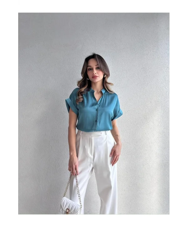 Kadın Saten Kısa Kollu Gömlek Bluz