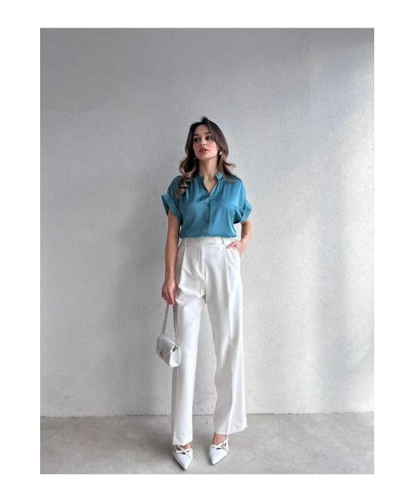 Kadın Saten Kısa Kollu Gömlek Bluz