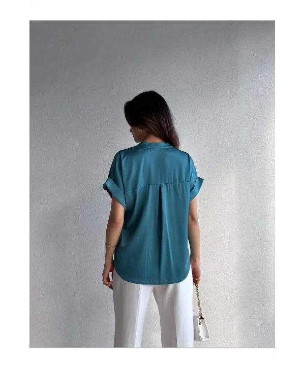Kadın Saten Kısa Kollu Gömlek Bluz