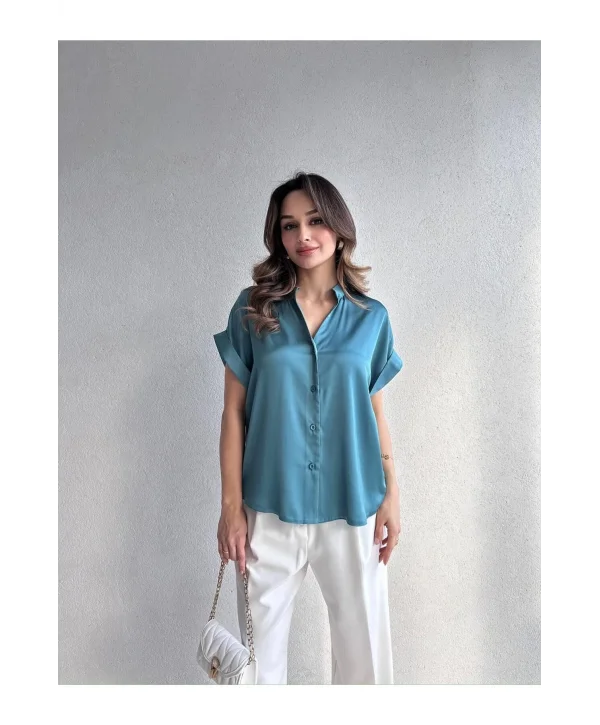 Kadın Saten Kısa Kollu Gömlek Bluz