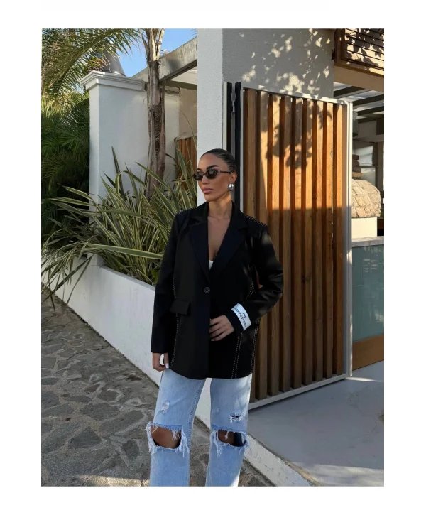 Kadın Siyah Dikiş Detaylı Oversize Blazer Ceket
