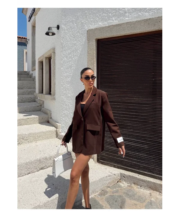 Kadın Siyah Dikiş Detaylı Oversize Blazer Ceket