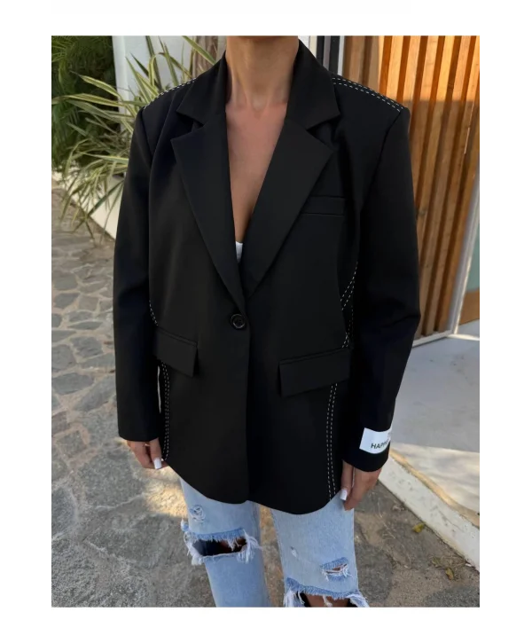 Kadın Siyah Dikiş Detaylı Oversize Blazer Ceket