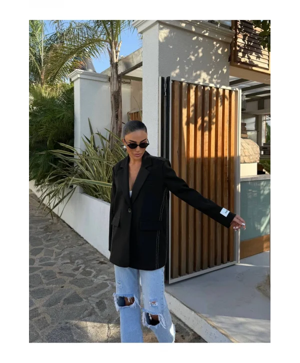 Kadın Siyah Dikiş Detaylı Oversize Blazer Ceket