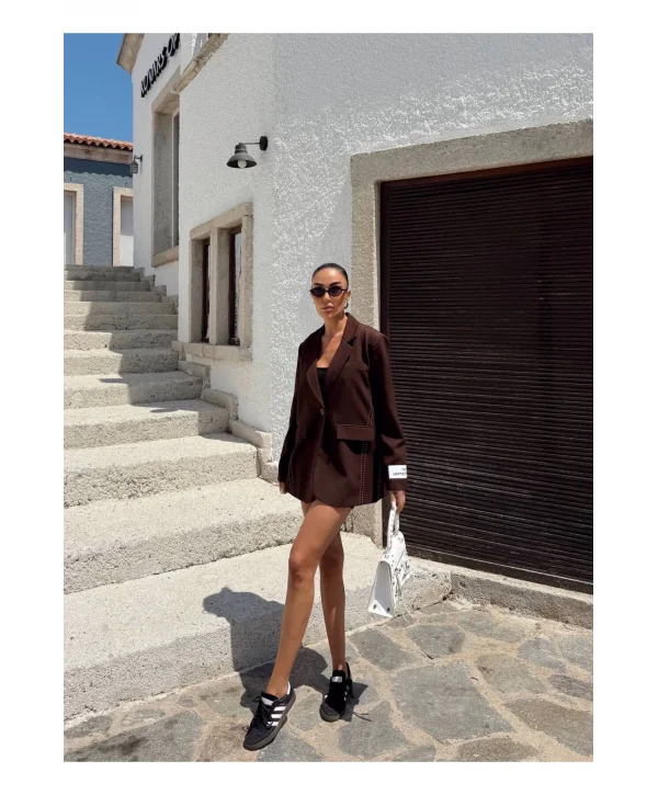 Kadın Siyah Dikiş Detaylı Oversize Blazer Ceket