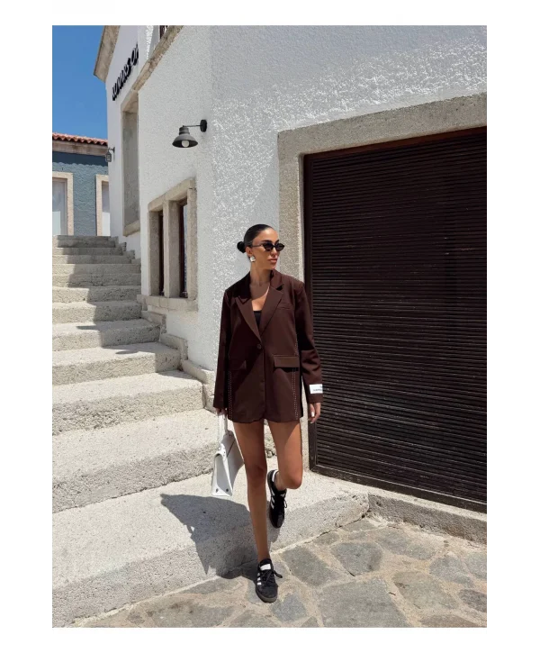 Kadın Siyah Dikiş Detaylı Oversize Blazer Ceket