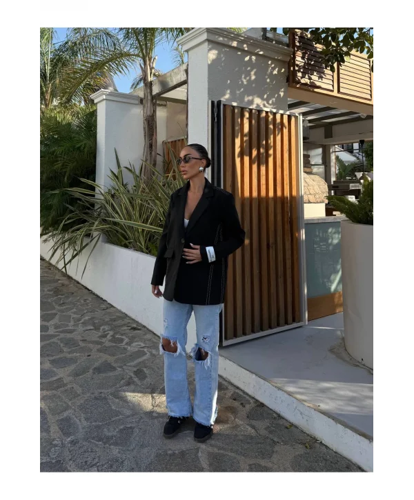Kadın Siyah Dikiş Detaylı Oversize Blazer Ceket