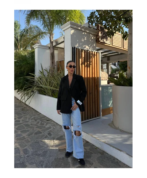 Kadın Siyah Dikiş Detaylı Oversize Blazer Ceket