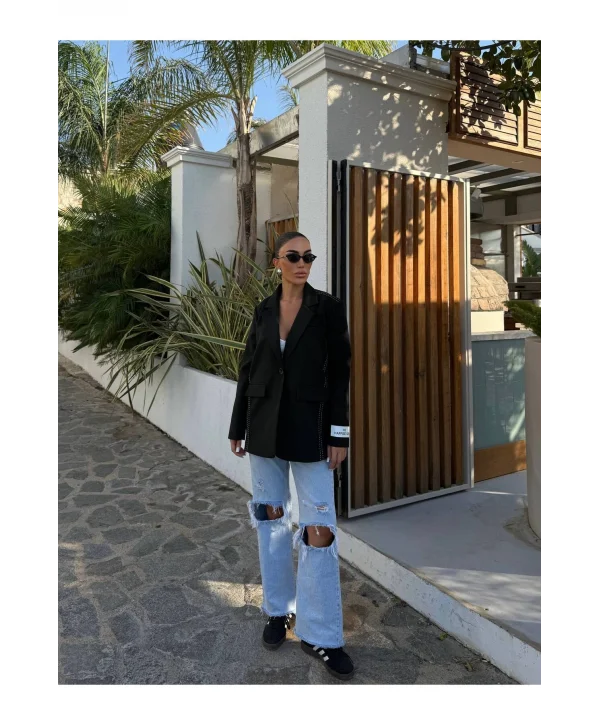Kadın Siyah Dikiş Detaylı Oversize Blazer Ceket
