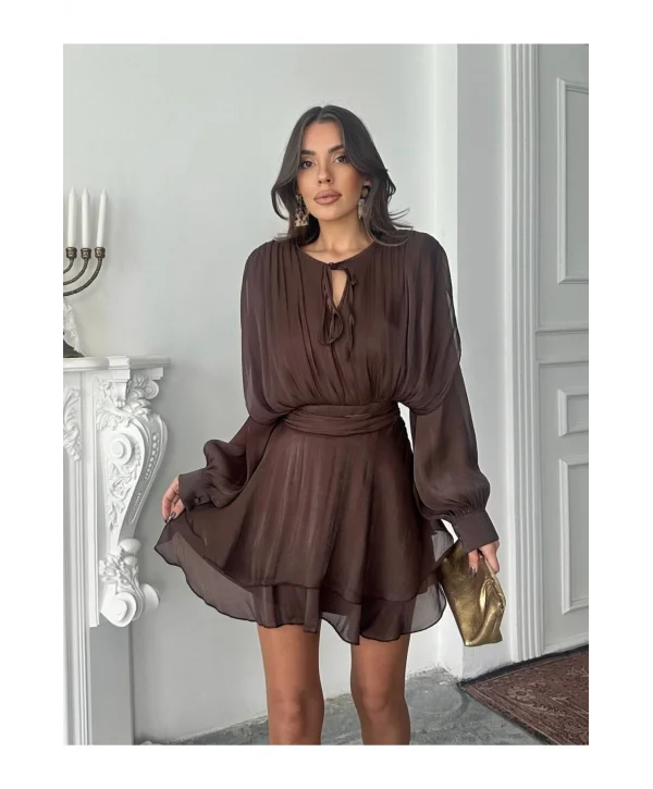 Kadın Vatkalı Jakarlı Tül Mini Elbise