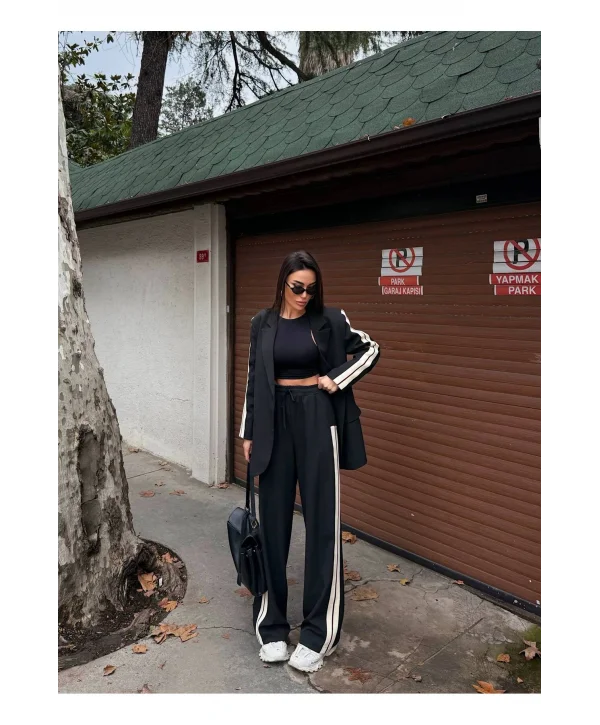 Kadın Yan Şerit Detaylı Oversize Blazer & Palazzo Takım