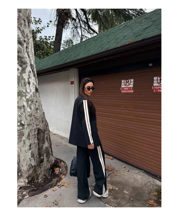 Kadın Yan Şerit Detaylı Oversize Blazer & Palazzo Takım
