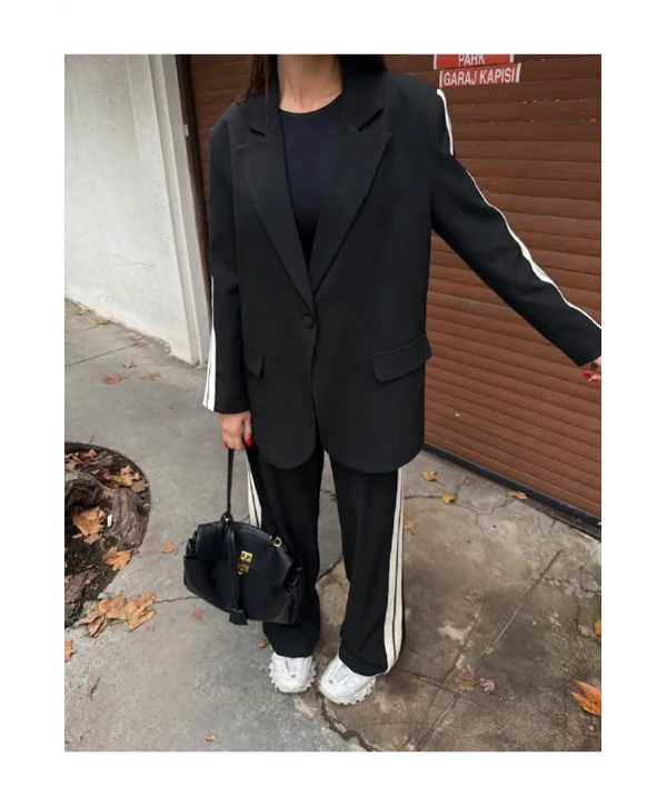 Kadın Yan Şerit Detaylı Oversize Blazer & Palazzo Takım