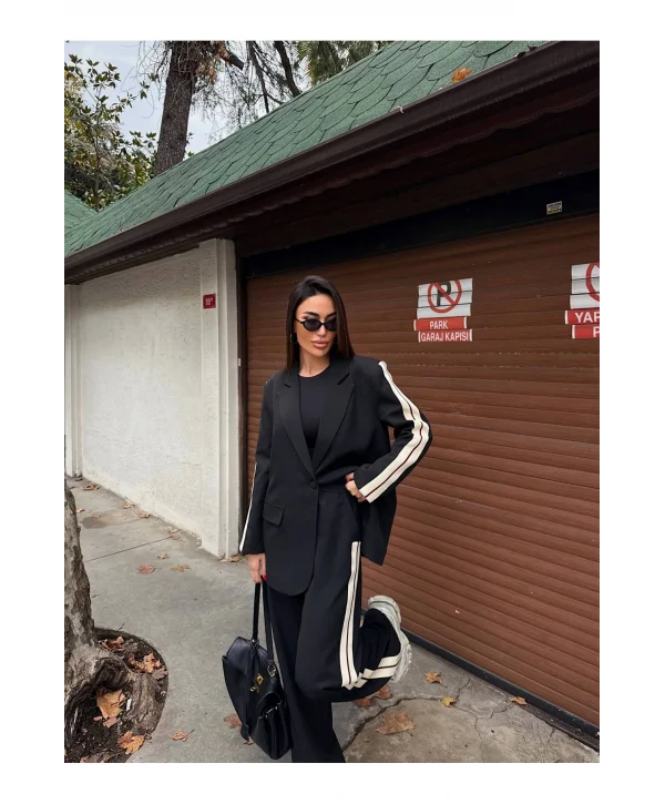 Kadın Yan Şerit Detaylı Oversize Blazer & Palazzo Takım