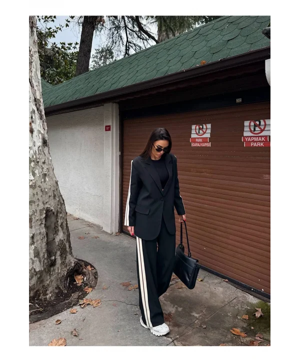 Kadın Yan Şerit Detaylı Oversize Blazer & Palazzo Takım