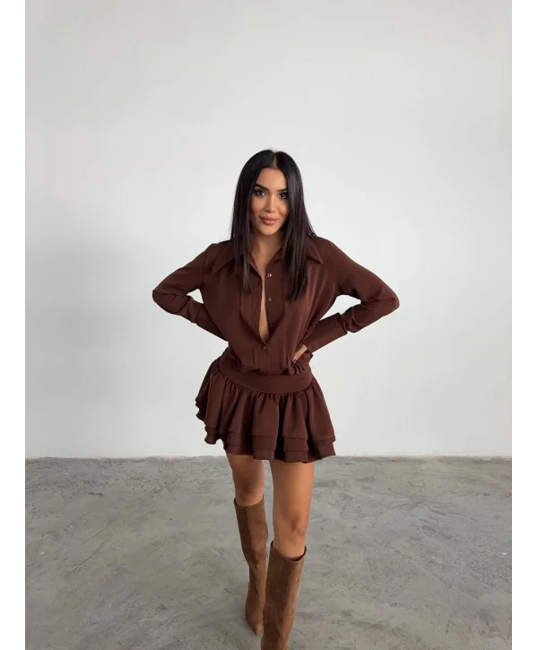 Kadın Kahverengi Gömlek Yaka Volanlı Pileli Mini Elbise