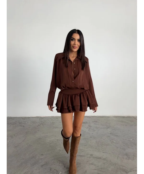 Kadın Kahverengi Gömlek Yaka Volanlı Pileli Mini Elbise
