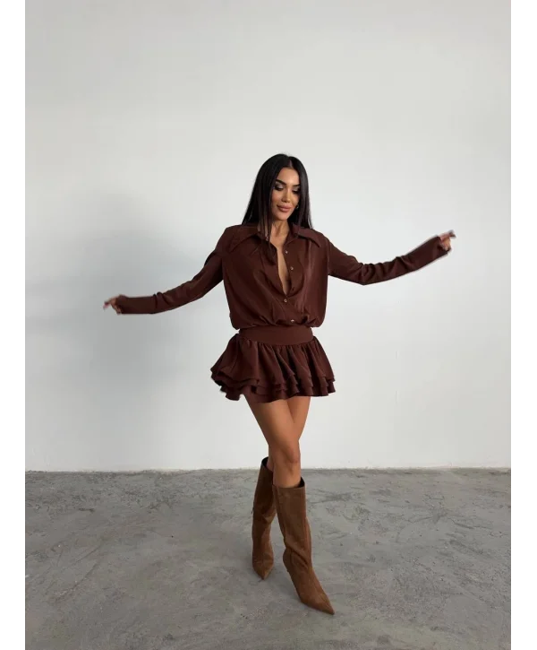 Kadın Kahverengi Gömlek Yaka Volanlı Pileli Mini Elbise
