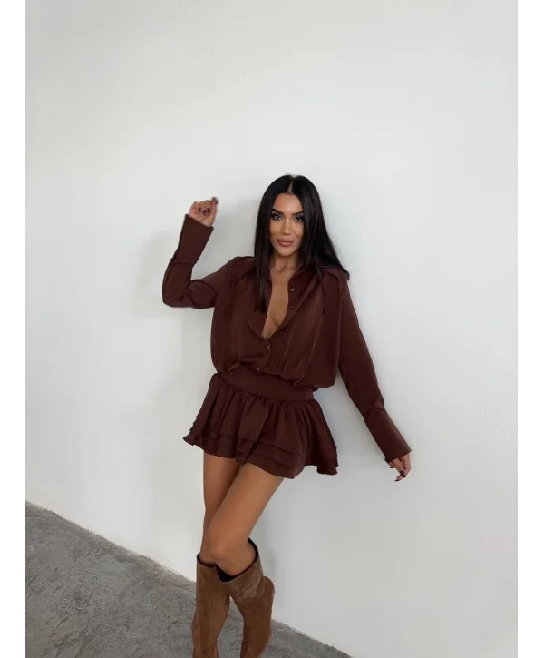 Kadın Kahverengi Gömlek Yaka Volanlı Pileli Mini Elbise