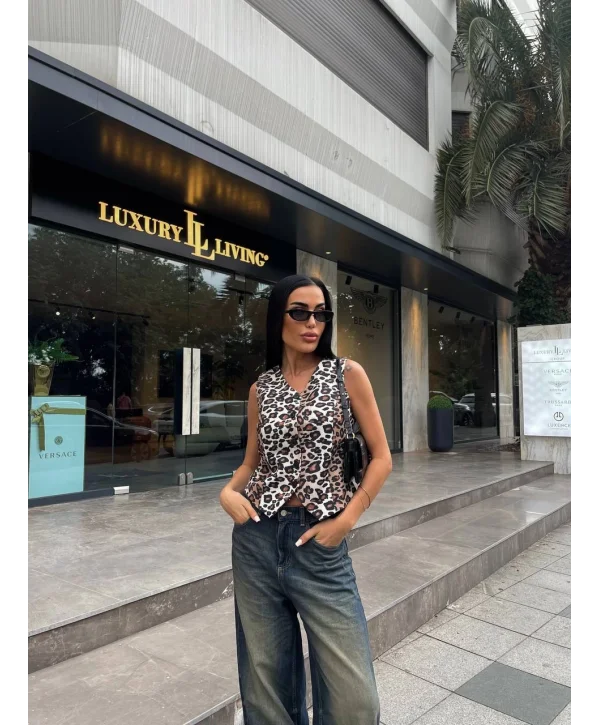 Kadın Düğmeli Klasik Leopar Desen Yelek