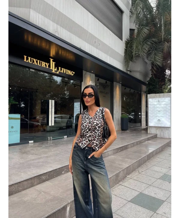 Kadın Düğmeli Klasik Leopar Desen Yelek