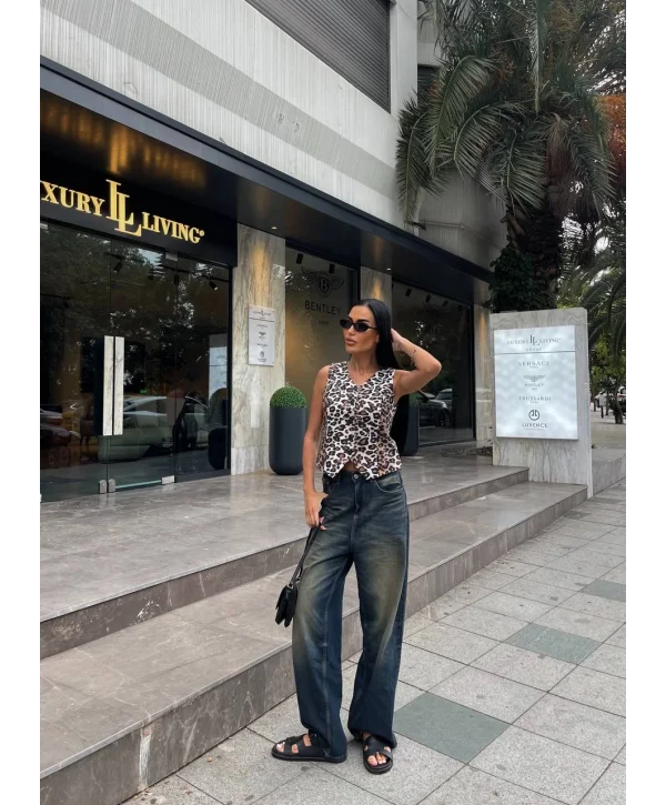 Kadın Düğmeli Klasik Leopar Desen Yelek