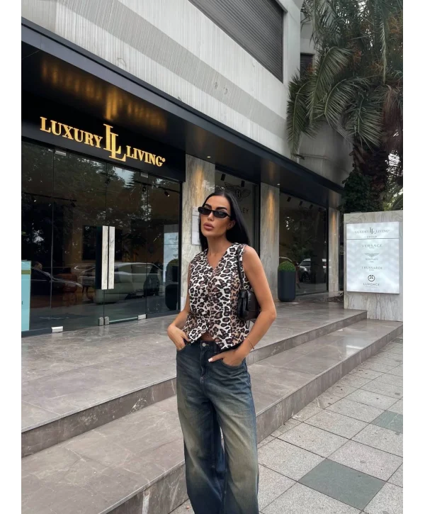 Kadın Düğmeli Klasik Leopar Desen Yelek