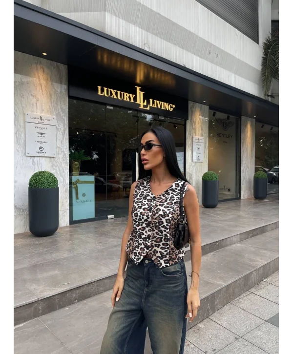 Kadın Düğmeli Klasik Leopar Desen Yelek