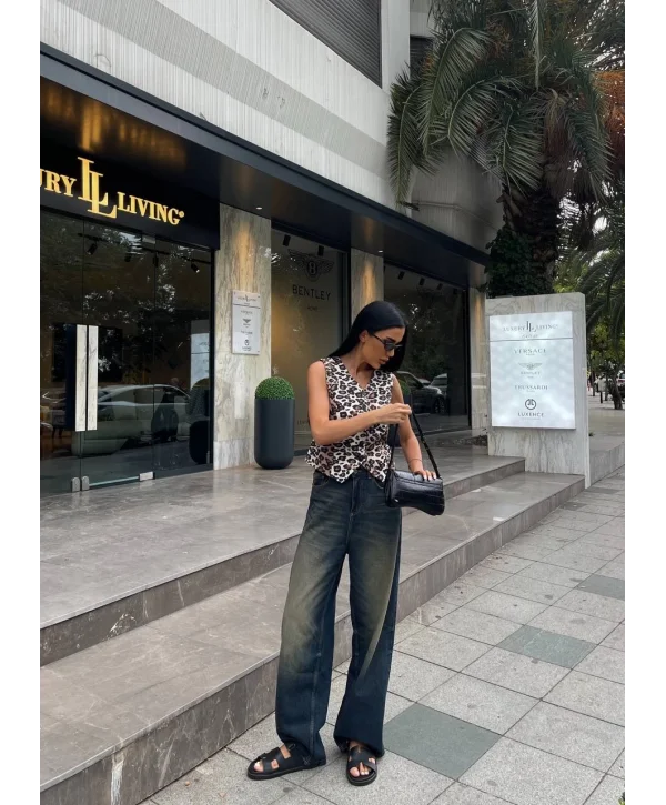 Kadın Düğmeli Klasik Leopar Desen Yelek