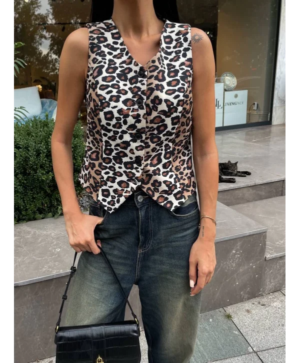 Kadın Düğmeli Klasik Leopar Desen Yelek