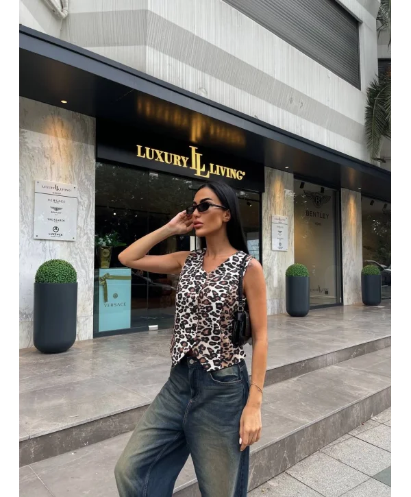 Kadın Düğmeli Klasik Leopar Desen Yelek