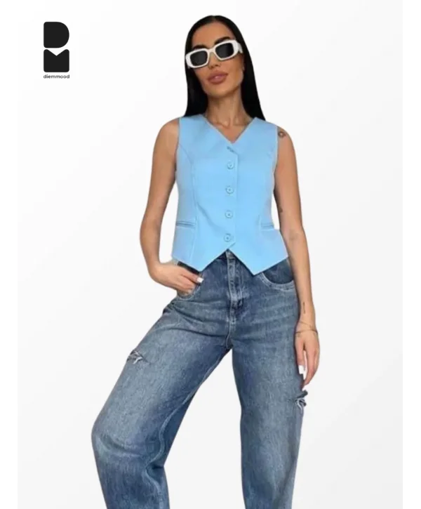 Kadın Düğmeli Klasik Mavi Yelek