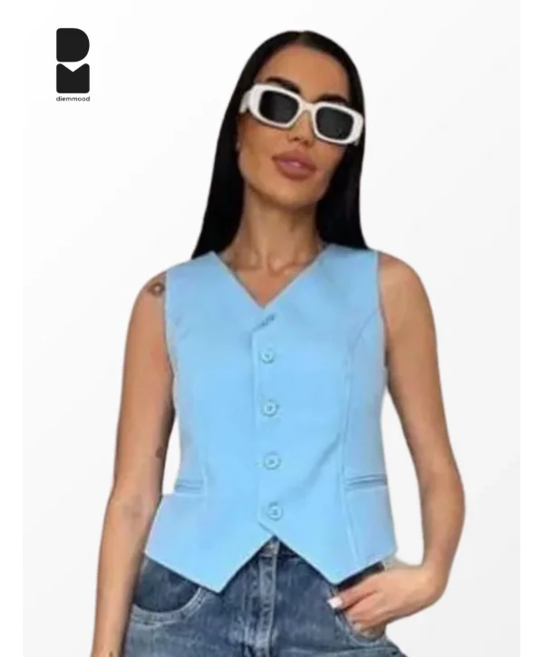 Kadın Düğmeli Klasik Mavi Yelek
