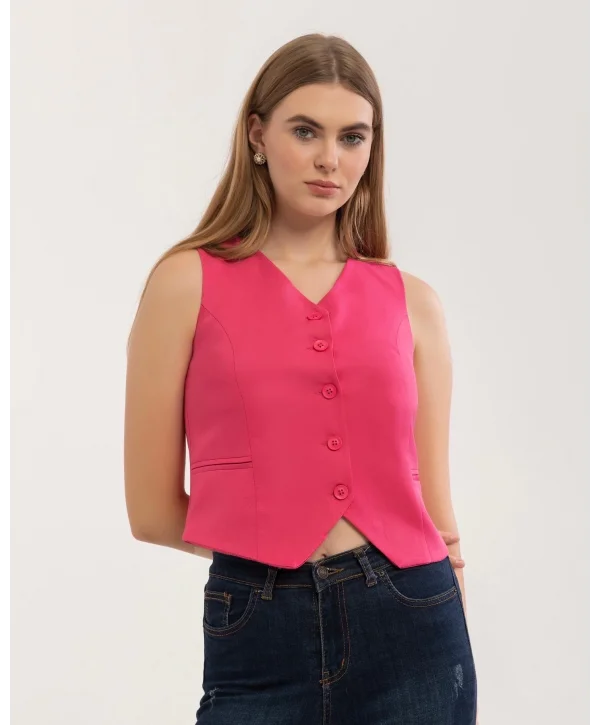 Kadın Klasik Düğmeli Pembe Yelek