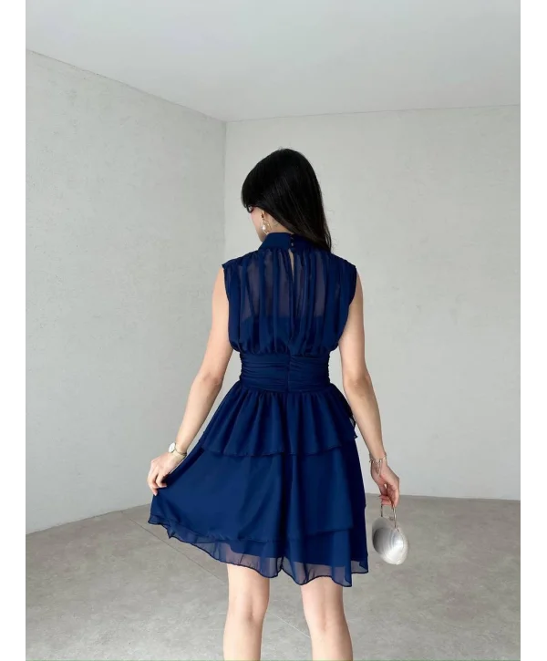 Kadın Lacivert Şifon Kumaş Mini Elbise