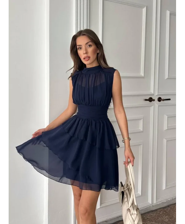 Kadın Lacivert Şifon Kumaş Mini Elbise
