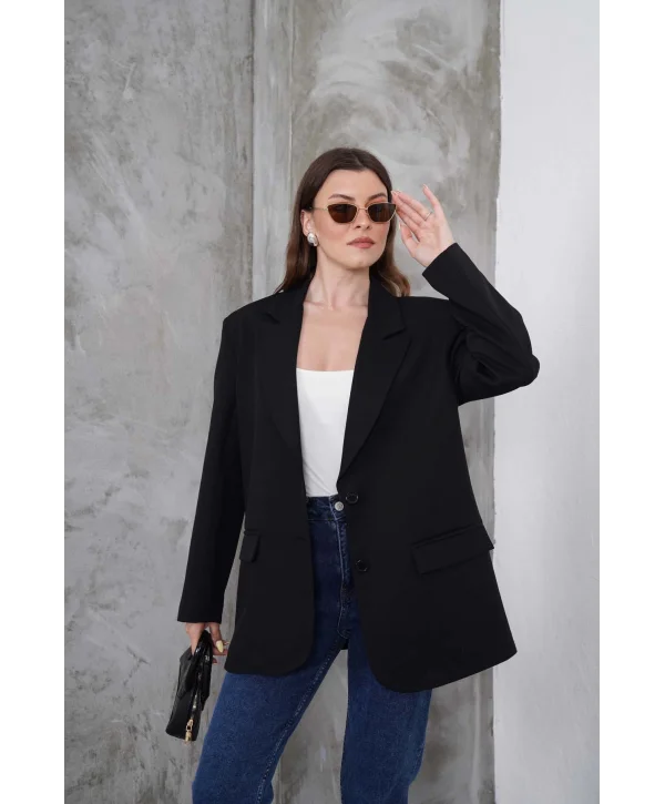 Kadın Oversize Tek Düğmeli Vatkalı Blazer Ceket