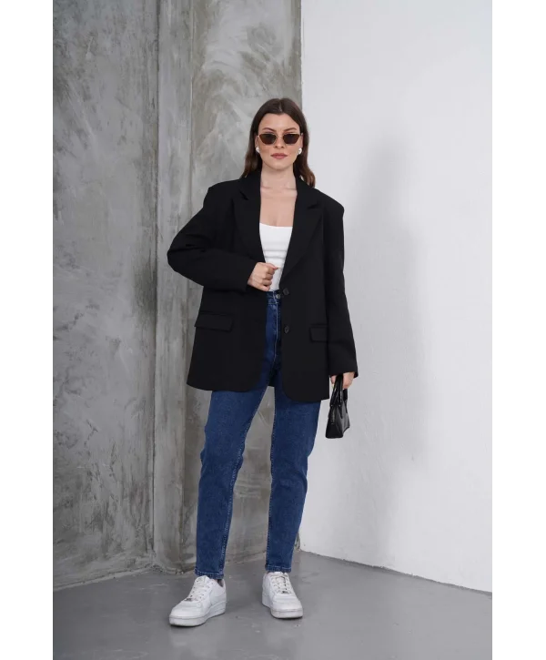Kadın Oversize Tek Düğmeli Vatkalı Blazer Ceket