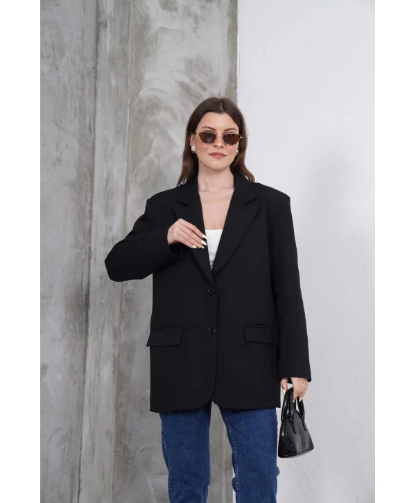 Kadın Oversize Tek Düğmeli Vatkalı Blazer Ceket