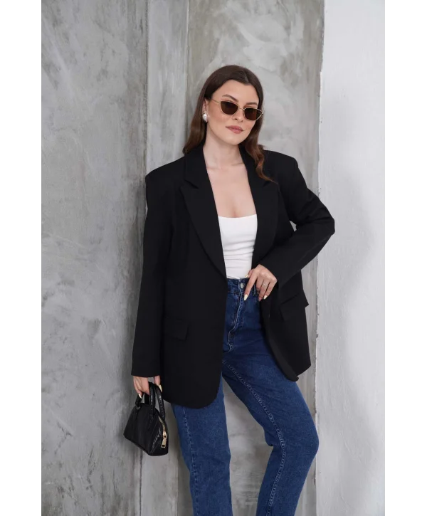 Kadın Oversize Tek Düğmeli Vatkalı Blazer Ceket