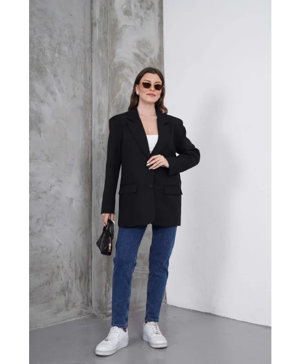 Kadın Oversize Tek Düğmeli Vatkalı Blazer Ceket