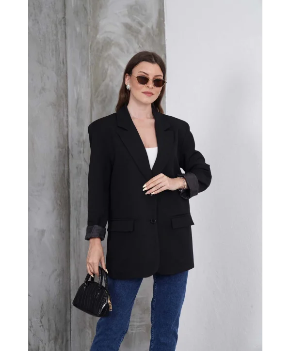 Kadın Oversize Tek Düğmeli Vatkalı Blazer Ceket