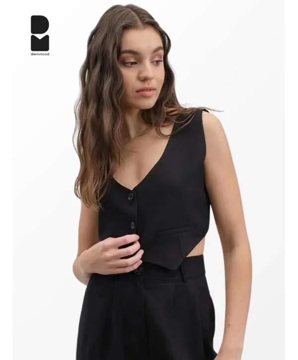 Kadın Siyah Casual Crop Yelek