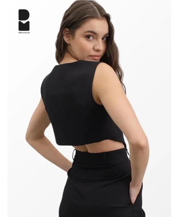 Kadın Siyah Casual Crop Yelek