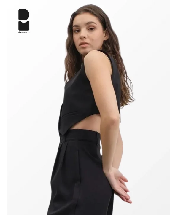 Kadın Siyah Casual Crop Yelek