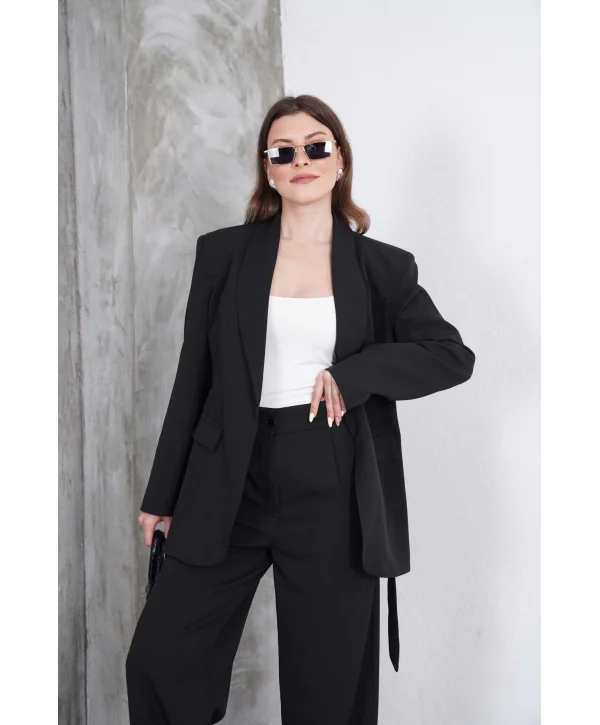 Kadın Siyah Kuşaklı Blazer Ceketli Geniş Paça Şık Takım