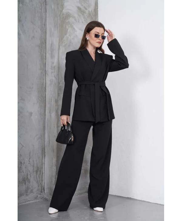 Kadın Siyah Kuşaklı Blazer Ceketli Geniş Paça Şık Takım