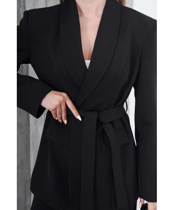 Kadın Siyah Kuşaklı Blazer Ceketli Geniş Paça Şık Takım